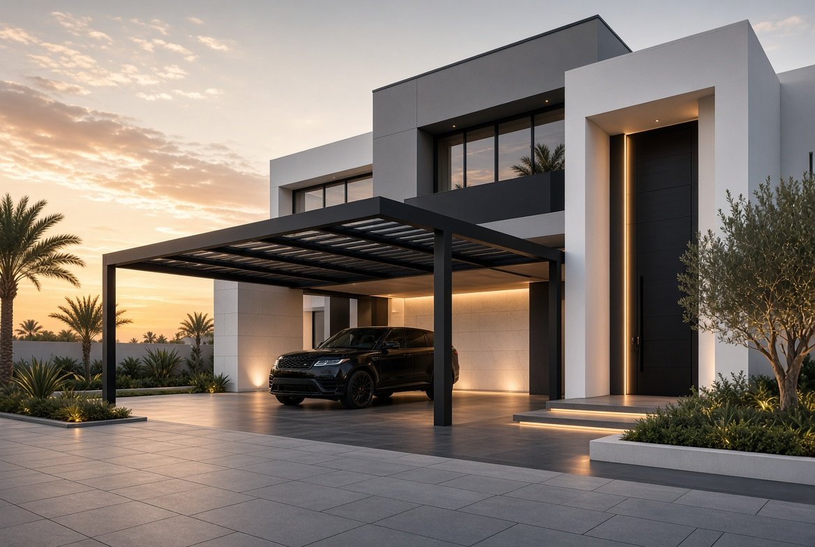 مظلات سيارات مودرن تناسب واجهات الفلل الحديثة